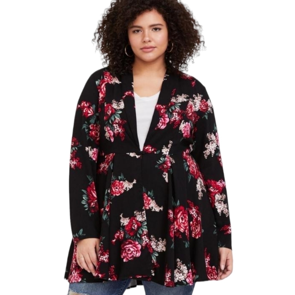 Torrid 6 Black Floral Twill Fit & Flare Coat Lightweight Long Length Jacket 30